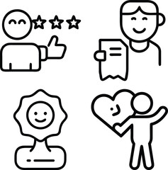 A collection of four simple line art icons depicting positive customer experiences, satisfaction, and appreciation.