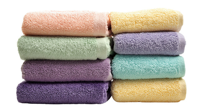 stack of neatly folded pastel towels, isolated on white background, household stock photo - Powered by Adobe