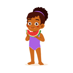 Happy African Girl in Swimsuit Holding and Eating Watermelon Slice With Joyful Expression Isolated
