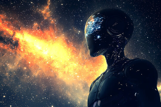 Futuristic alien cyborg gazing at a vibrant nebula galaxy offering a modern and imaginative concept for space exploration and science fiction themes