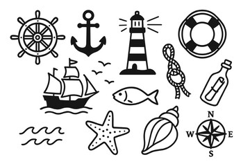 Nautical Symbols and Maritime Elements Collection in Simple Black and White Design, Vector Illustration of Ship, Anchor, Lighthouse, Compass, and Sea Life on Transparent Background