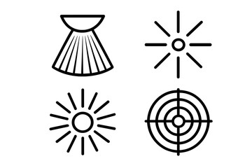 Fototapeta premium Radial Gradient Icon Set - Outline Vector Collection of 4 Stylish Emblems Including Spotlight Beam, Lens Flare, Sunburst, and Target Bullseye Symbols for Design