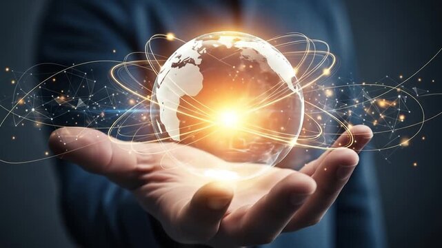 A glowing globe held in a hand, representing global technology and interconnectedness.