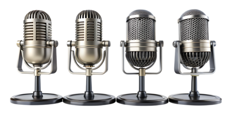 Set of Podcast Microphones with Stands Isolated on White Background