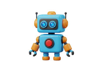 Adorable Blue and Orange Robot Character with Glowing Eyes, Representing Technology, Innovation, and Artificial Intelligence on a Transparent Backdrop