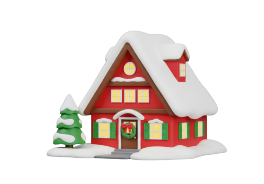 Charming Snow-Covered Cottage Illustration with Festive Wreath, Representing Winter Holidays, Cozy Getaways, and Seasonal Cheer on a Transparent Backdrop