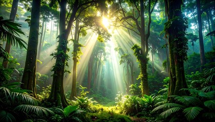 Lush Rainforest Sunlight Beams Through Canopy Trees.