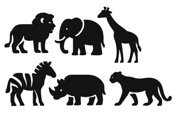 African Safari Wildlife Icons Set, Solid Filled Vector Illustrations of Lion, Elephant, Giraffe, Zebra, Rhino, Cheetah, Hippo, Wild Animal Silhouettes for Nature and Safari Design