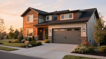 Modern Two Story House Exterior in Sunset Light with Well Maintained Garden