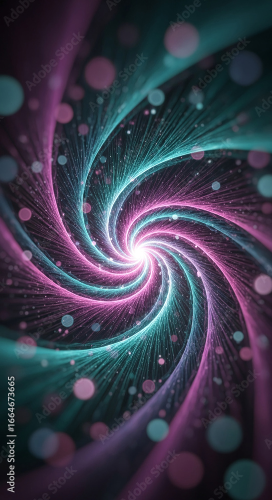 Poster abstract swirling light patterns in pink and teal, creating a dynamic and energetic visual, symboliz