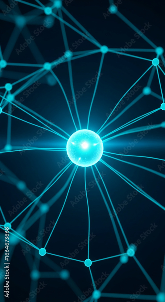 Poster abstract image of glowing sphere connected by lines, suggesting network, connection, or data flow, i
