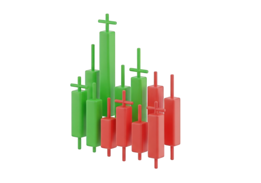 3D Candlestick Chart Illustration with Green and Red Bars on a Transparent Backdrop, Ideal for Financial Analysis, Stock Market Visuals, and Investment Presentations