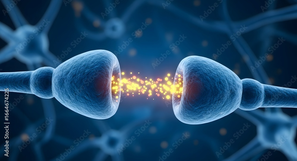 Poster illustration of a synapse, the junction between two neurons, showing neurotransmitters being release