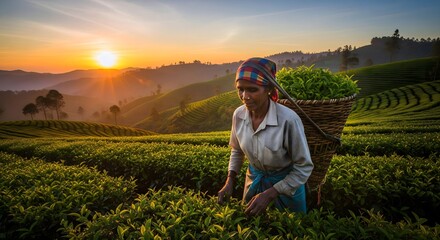 Fototapeta premium Woman harvesting tea leaves at sunrise in lush Sri Lankan plantation with golden light