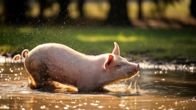 A pig enjoying a muddy puddle in a sunny field.
