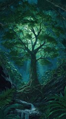 Luminous ancient tree in a mystical forest