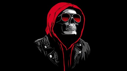 Skeleton in red hoodie, leather jacket, aviator sunglasses on a dark background