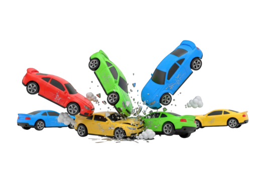 Chaotic Car Crash Scene A Pileup of Colorful Vehicles Colliding in a Dramatic Accident with Shattered Glass and Debris on a Transparent Background in 3D Rendering - Powered by Adobe