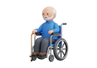 A 3D Render of an Elderly Man in a Wheelchair with a Cane, Depicting Senior Care and Accessibility, Set Against a Transparent Background for Easy Integration into Designs