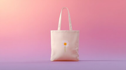 Against a pastel pink - purple gradient background, the beige tote bag is printed with a daisy pattern, presenting a fresh and sweet style full of natural charm.