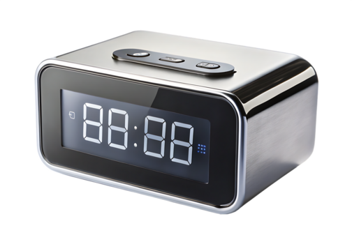 A dual alarm function digital clock with a USB charging port for a guest room on white Background ,PNG. AI.Generated.