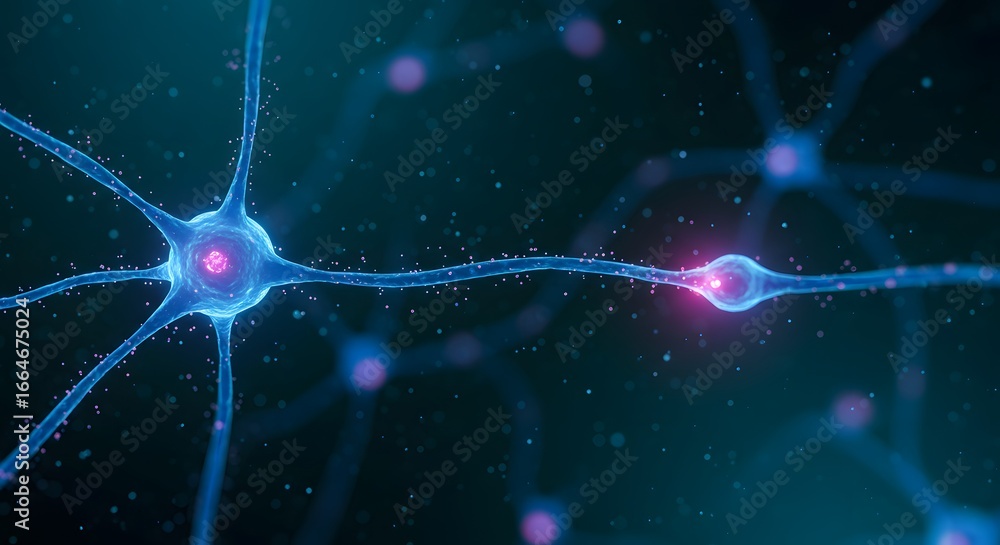 Poster illustration of interconnected neurons with glowing synapses, representing neural networks, brain ac