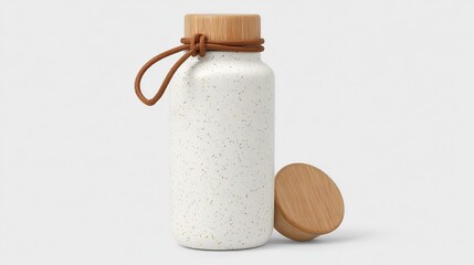 White speckled water bottle with wooden lid and brown leather string, minimalist stylish water cup design