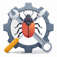 Fototapeta premium Cartoon Bug with Tools and Gear Representing Software Debugging