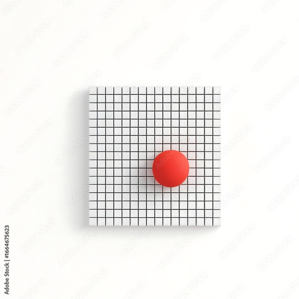 Poster red sphere on a square grid pattern isolated on white background