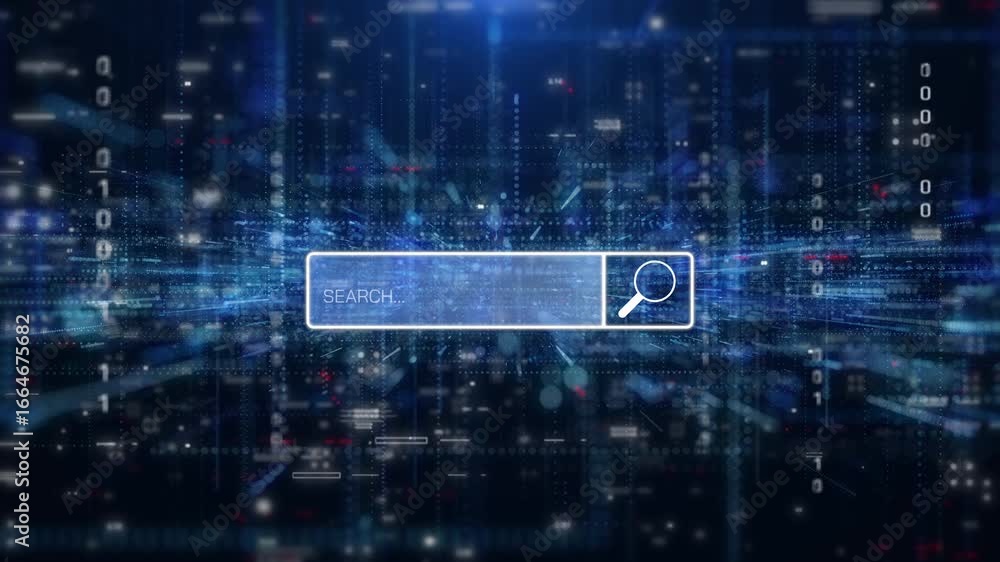 Poster a futuristic digital 4k motion showcasing the concept of exploring search technology within a glowin