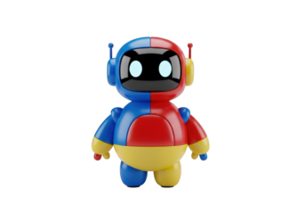 Adorable 3D Robot Character with Blue and Red Body, Yellow Accents, Antennae, and Glowing Eyes on a Transparent Backdrop for Creative Projects