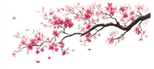 Delicate pink cherry blossom branch flowering, soft petals drifting against pristine white backdrop during spring season