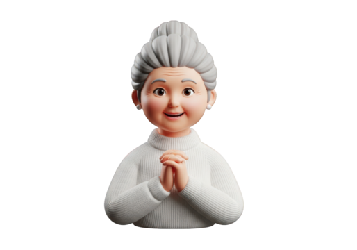 Charming 3D Render of a Smiling Grandmother with Gray Hair Bun and Wrinkles Wearing a White Turtleneck Sweater Against a Transparent Background for Digital Art