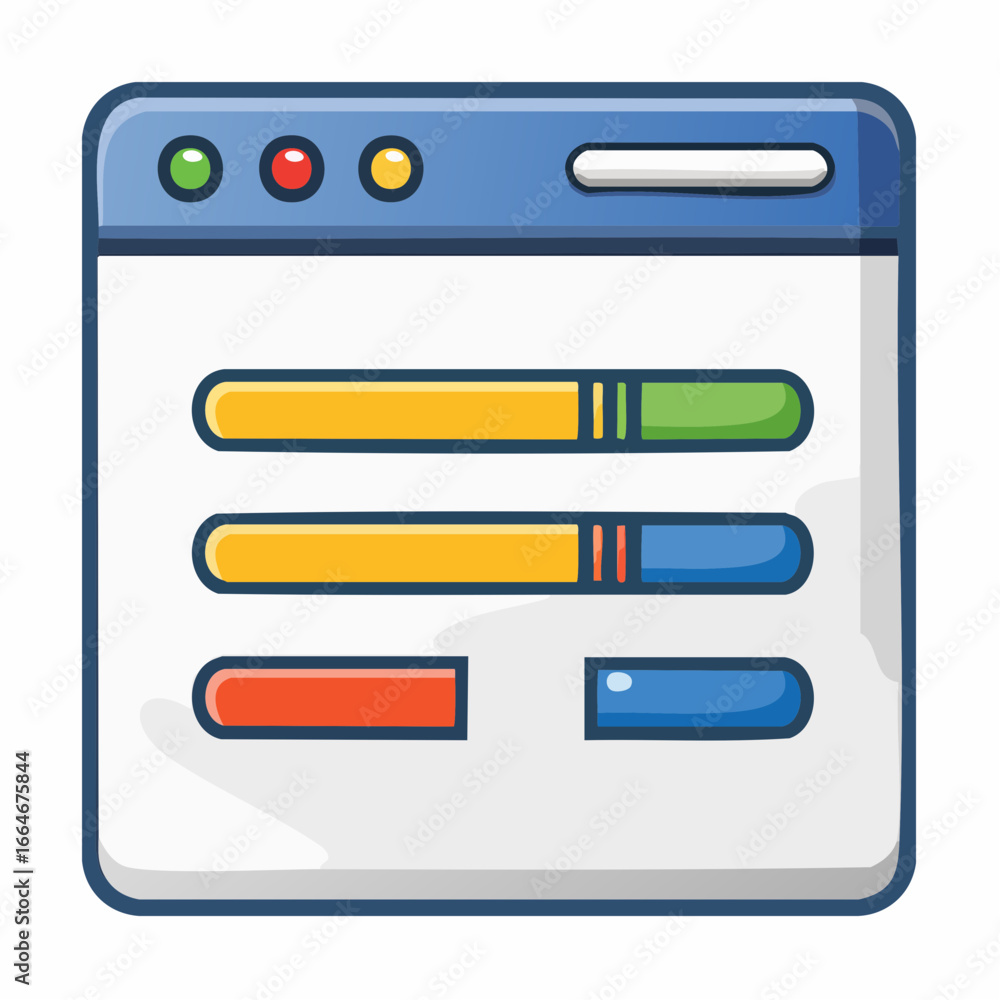 Poster cartoon window with progress bars showing different levels of completion
