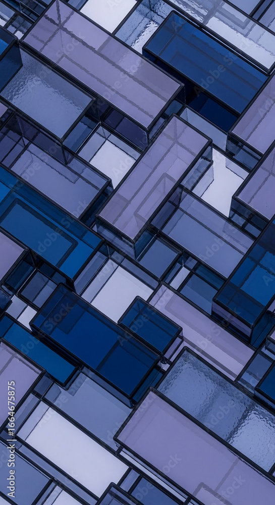 Poster abstract image of overlapping blue and purple glass rectangles creating a geometric pattern, showcas