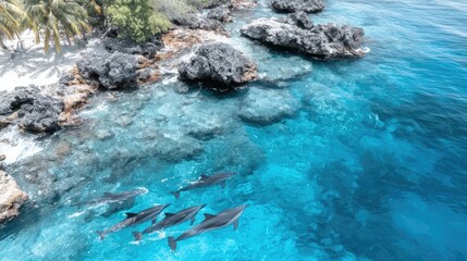 A pod of dolphins swimming near a coral reef, crystal-clear turquoise water, seen from above, elegant underwater movement 