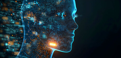 Futuristic AI head with glowing data streams, perfect for tech innovation, digital transformation, and cutting-edge technology marketing campaigns
