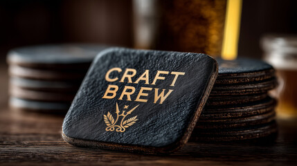 Stack of coasters with "Craft Brew" logo on rustic wooden table  