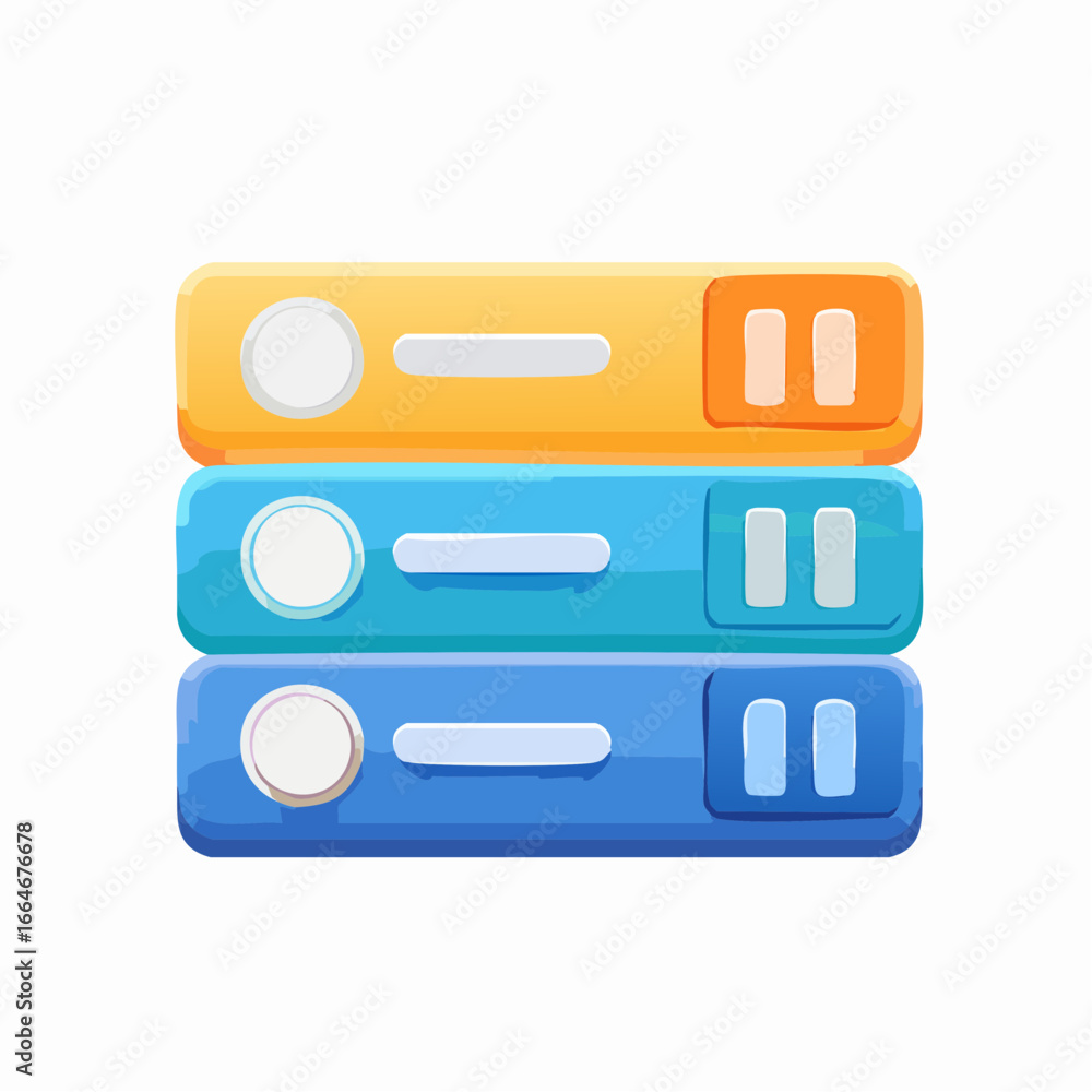 Poster stacked colorful interface elements with play pause and stop controls