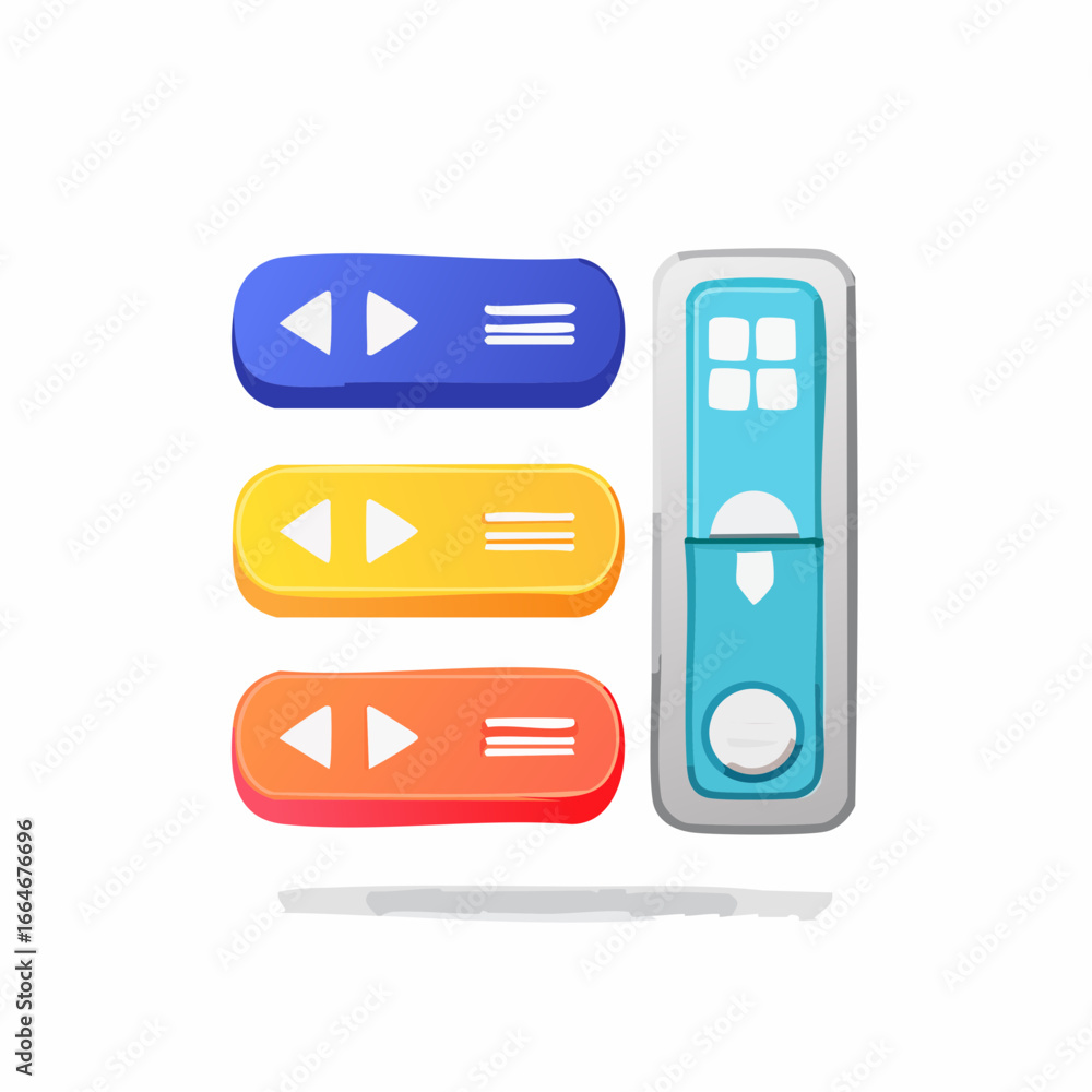 Poster stylized interface elements with sliders and a vertical control panel in blue yellow and orange