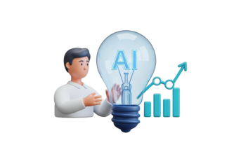 A Conceptual 3D Illustration of AI Growth with a Light Bulb, Man, and Rising Graph on a Transparent Backdrop, Perfect for Technology and Business-Related Projects