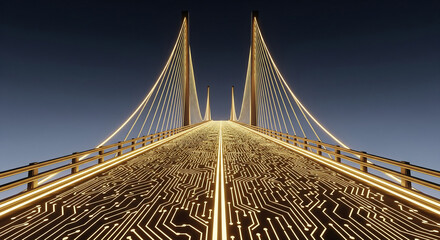 Obraz premium Minimalist Holographic Bridge with Golden Circuit Lines – Futuristic Digital Artwork for AI, Crypto, and Modern Branding