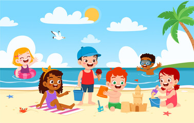 Diverse Group of Happy Children Playing at the Beach Building Sandcastles and Swimming Cartoon Illustration