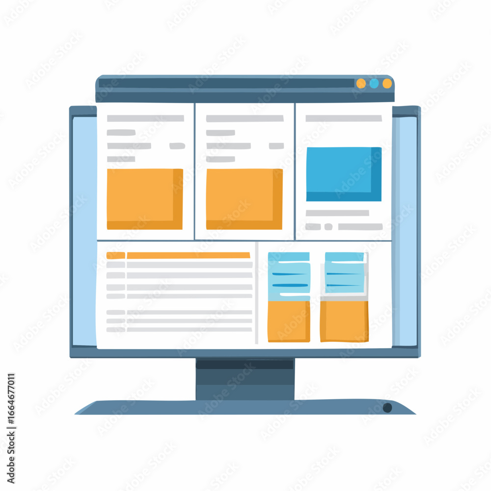 Poster stylized computer monitor displaying a website layout with orange and blue elements