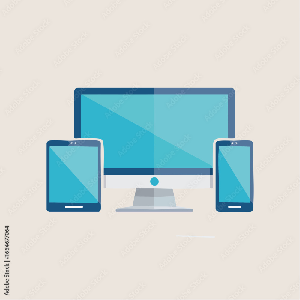 Poster stylized desktop computer with tablet and smartphone all displaying blue screens