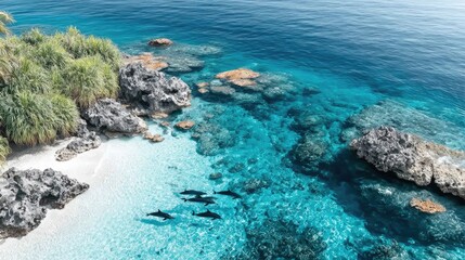 Fototapeta premium A pod of dolphins swimming near a coral reef, crystal-clear turquoise water, seen from above, elegant underwater movement 