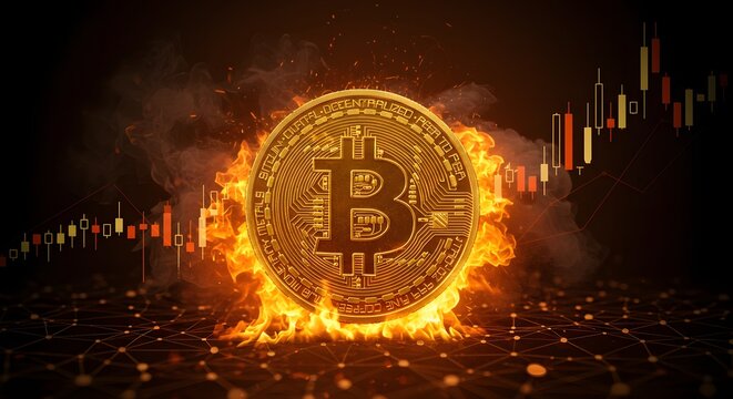 A bitcoin coin engulfed in flames with a rising stock chart in the background, symbolizing the volatile and potentially risky nature of cryptocurrency investment