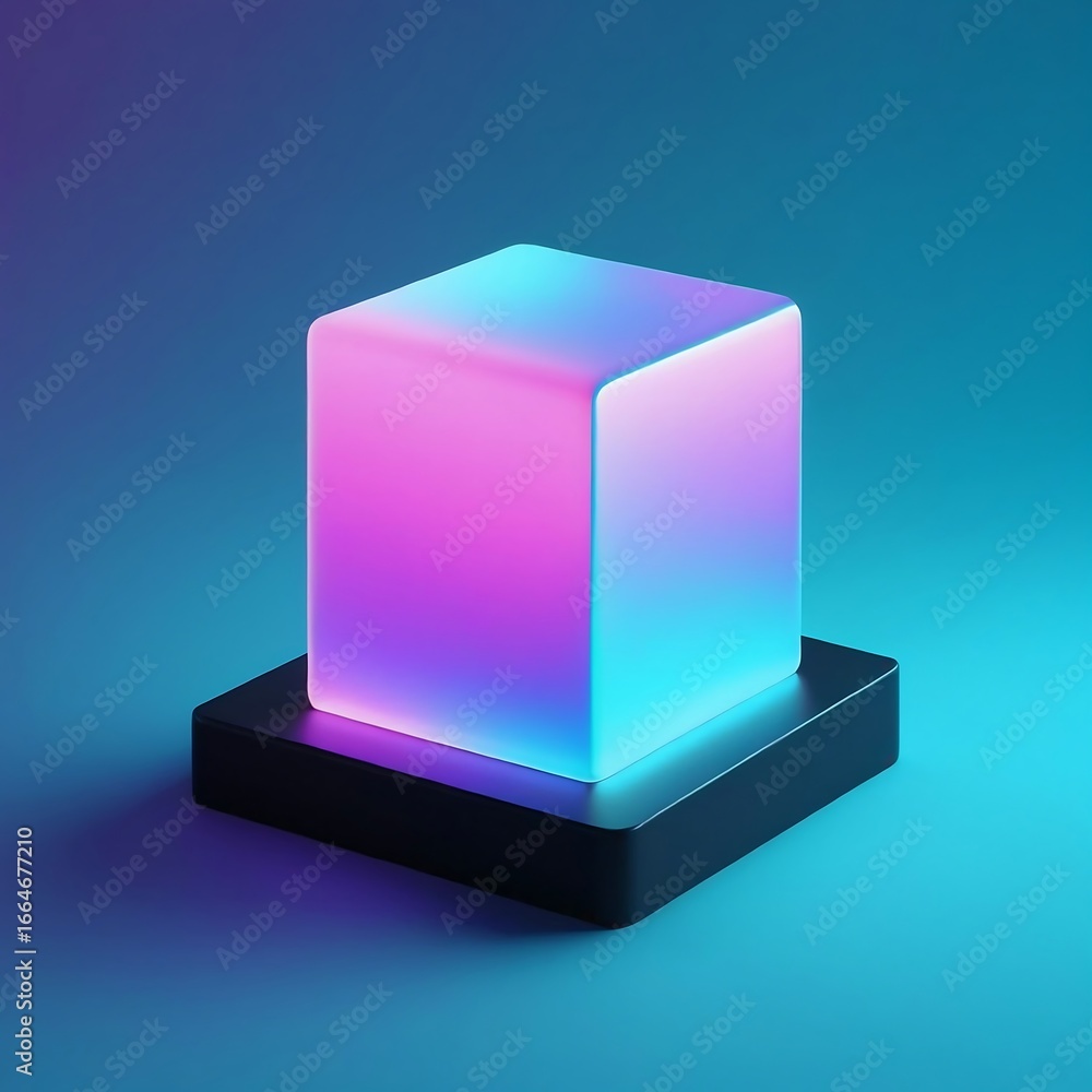 Poster a glowing neon cube on a platform creates a modern and futuristic abstract design