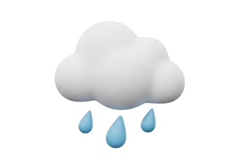 A 3D Render of a Fluffy White Cloud with Three Blue Raindrops Falling Below, Set Against a Transparent Background, Perfect for Weather Forecasts and App Design