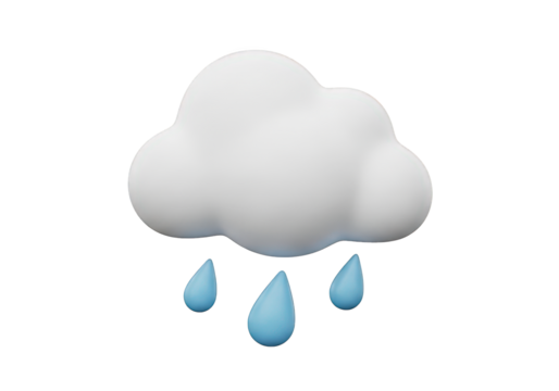 A 3D Render of a Fluffy White Cloud with Three Blue Raindrops Falling Below, Set Against a Transparent Background, Perfect for Weather Forecasts and App Design